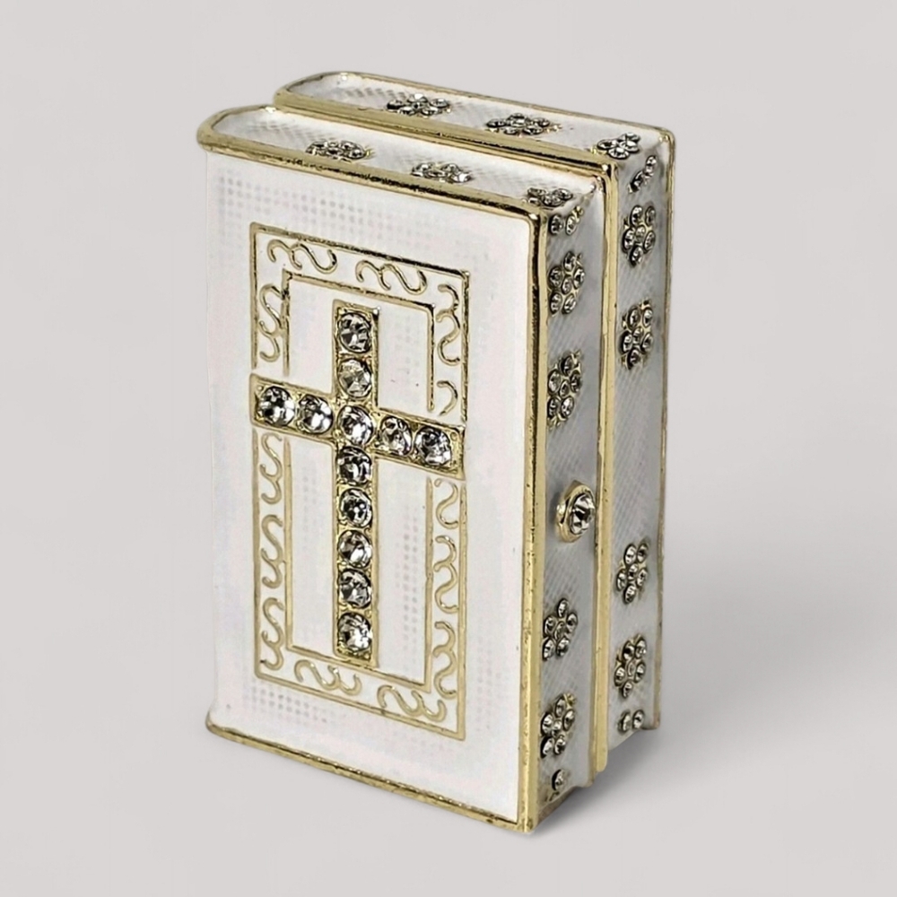 NEW Holy Bible,Cross Trinket/Jewelry Box. White/Gold w/Rhinestone *NWT